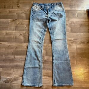 Miss Me Signature Boot Jeans Denim Women 29 Aztec Flap Pockets Embroidered Bling